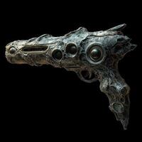 Organically styled gun with multiple protruding lenses on a dark background photo