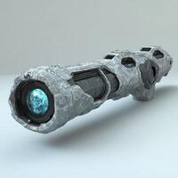 Futuristic stone like weapon with glowing blue energy source photo