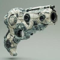 Futuristic textured hand gun with weathering and design elements photo