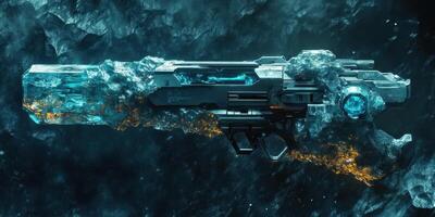 Futuristic gun partly encased in blue crystal and grey stone photo