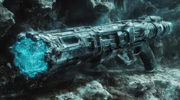 Futuristic sci fi weapon emitting glowing energy rests on rocks photo