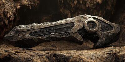 Ancient stone weapon rests in cave illuminated by light photo