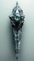 Intricate stone dagger features an orb at its center photo