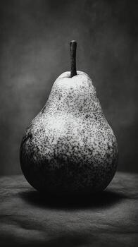 A black and white photo of a pear