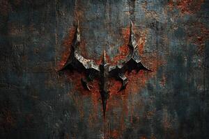 Stylized bat symbol on a weathered and rusty metal surface photo