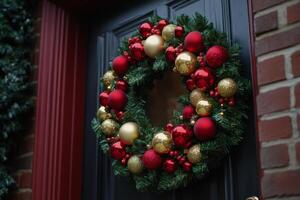 A wreath on a door with red and gold ornaments photo