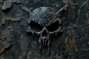Stone skull with demonic horns on a rough dark background photo