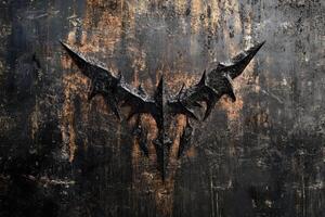 Stylized dark bat emblem on heavily textured and scratched surface photo