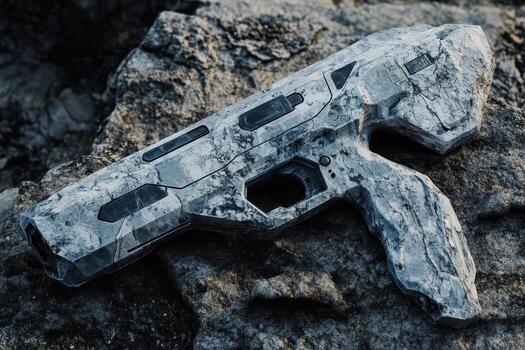 Futuristic gun rests upon rough surface textured like stone photo