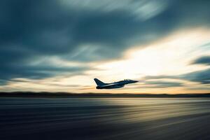 A fighter jet is taking off from an airport photo