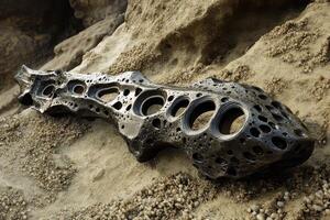 Sculpted abstract metal object rests upon sandy rocky surface photo