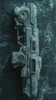 Stone carved futuristic weapon embedded within dark rocky background photo