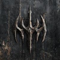 Ornate trident shaped metal emblem on dark wooden surface photo