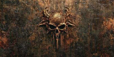Distorted skull with horns and spikes on grunge background photo