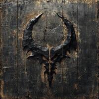 Stylized dark symbol etched onto a weathered wooden surface photo