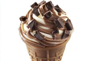 An ice cream cone with chocolate and whipped cream photo