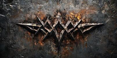 Dark metallic emblem is set against textured gray rust background photo