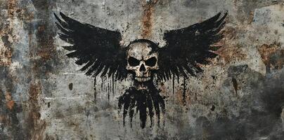 Grunge wall featuring a winged skull painted in black photo