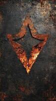 Distressed metal surface featuring a stylized starburst symbol photo