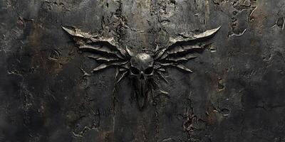 Skull with winged shape affixed to rough dark metal surface photo
