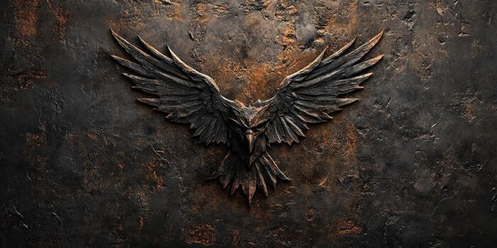 Carved raven spreads its textured wings against a stone surface photo