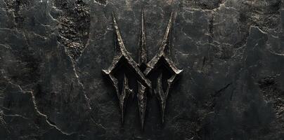 Intricate dark emblem sculpted onto a textured stone surface photo
