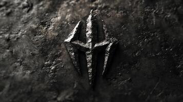 Dark emblem of three prongs rests on stone texture photo