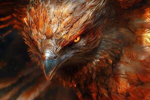 Majestic phoenix with fiery plumage stares intensely forward photo