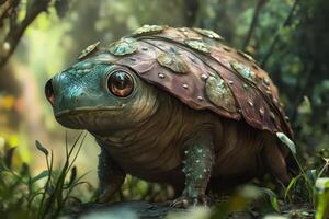 A fantastical tortoise with a leaf and petal adorned shell photo
