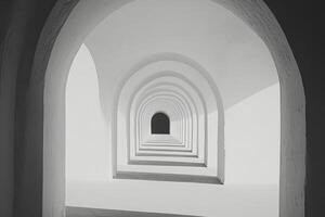 A black and white photo of a white archway