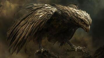 A formidable eagle stands perched ready for flight photo