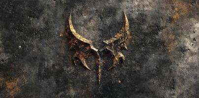 Ornate and aged emblem affixed on a textured dark surface photo