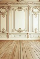 An empty room with wood floors and white walls photo
