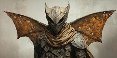 Ornithomorphic warrior wearing helmet armor wings and draped scarf photo
