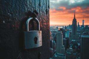 A lock on a door with a city skyline in the background photo