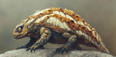 Armored dinosaur standing on a rock with neutral background photo