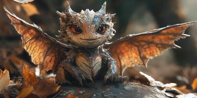 Cute baby dragon with amber eyes sits on rock photo