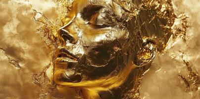 Golden face sculpture covered with shiny metalic leaf material photo