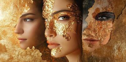 Three diverse women with expressive makeup and golden textures photo