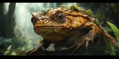 Large golden toad with leaf accents sits within a forest photo