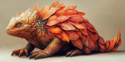 Imaginative creature resembles an armadillo covered in autumn colored leaves photo