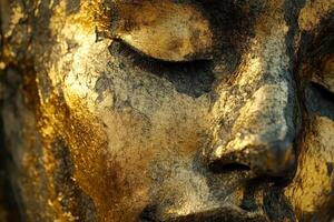 Golden faced buddha with closed eyes showing peaceful expression photo