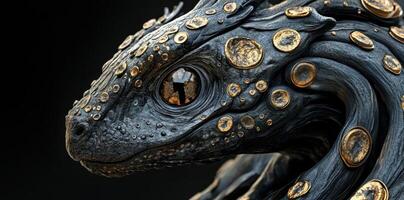 Close up of a dark dragon with golden scales photo