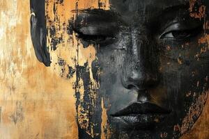 Abstract black and gold portrait of a serene female face photo