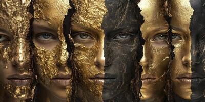 Faces with alternating gold and dark textured masks in strips photo