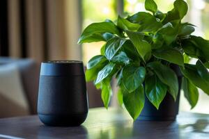 A smart speaker and a plant on a table photo