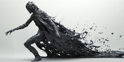 Dark figure in motion seemingly dissolving or breaking apart photo