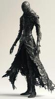 Dark mysterious cloaked figure stands tall against a plain backdrop photo