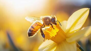 A bee is on a yellow flower with the sun shining photo