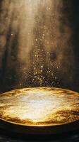 Golden cake with smoke coming out of it photo